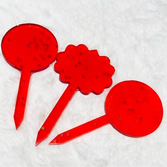 Set of 3 Red Glitter Plant Markers Hand Crafted Resin Gift Set Cake Toppers - Picture 4 of 7